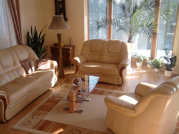 A neutral colored rug adding dimension to the space