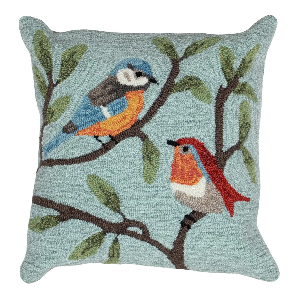 Liora Manne Frontporch Birds On Branches Indoor/Outdoor Pillow Aqua 18