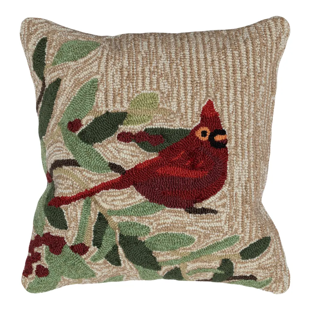 Liora Manne Frontporch Cardinal with Berries Indoor/Outdoor Pillow Natural 18