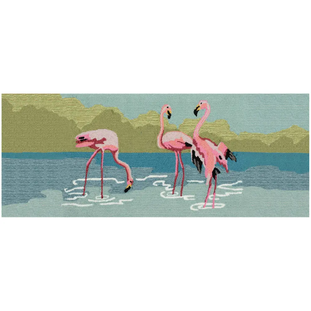 Liora Manne Frontporch Flamingos Indoor/Outdoor Mat Aqua 2' x 5'