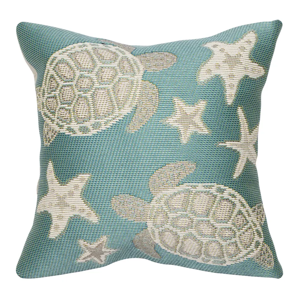 Liora Manne Marina Turtle And Stars Indoor/Outdoor Pillow Aqua 18