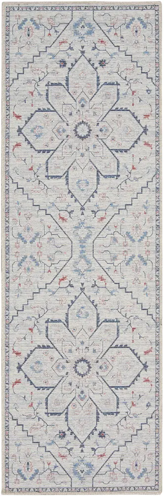 Nicole Curtis Machine Washable Series 1 2' x 6' Ivory Blue Farmhouse Indoor Rug