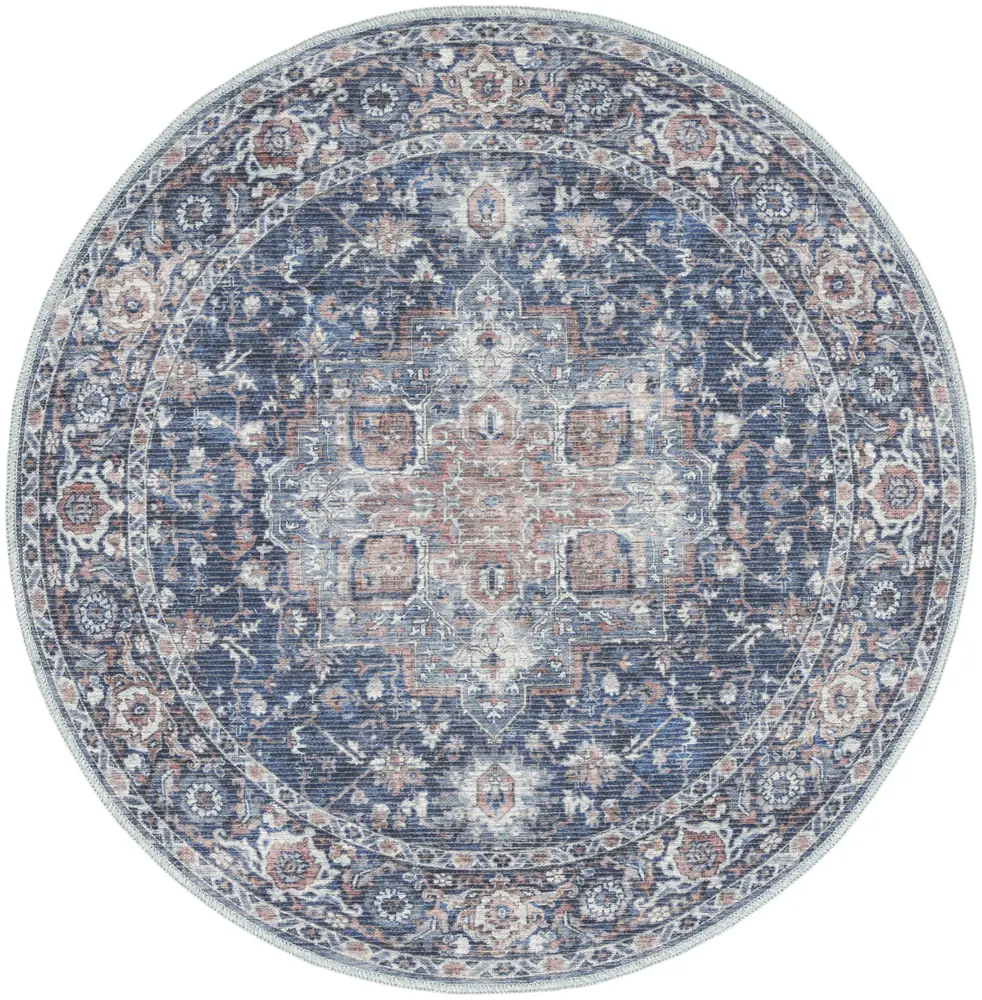 Nicole Curtis Machine Washable Series 1 4' x Round Ivory Navy Vintage Indoor Rug