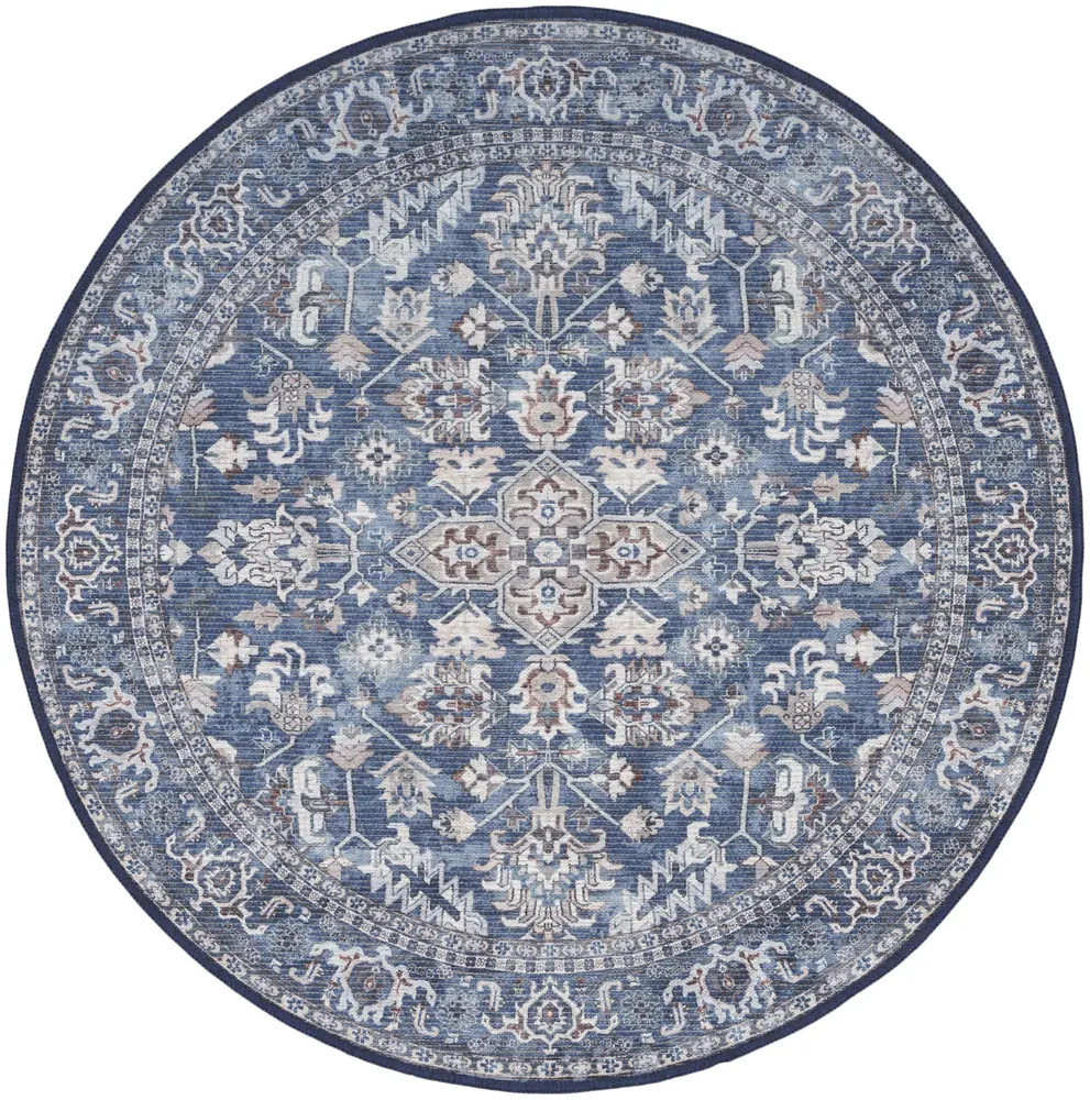 Nicole Curtis Machine Washable Series 1 4' x Round Navy Ivory Vintage Indoor Rug