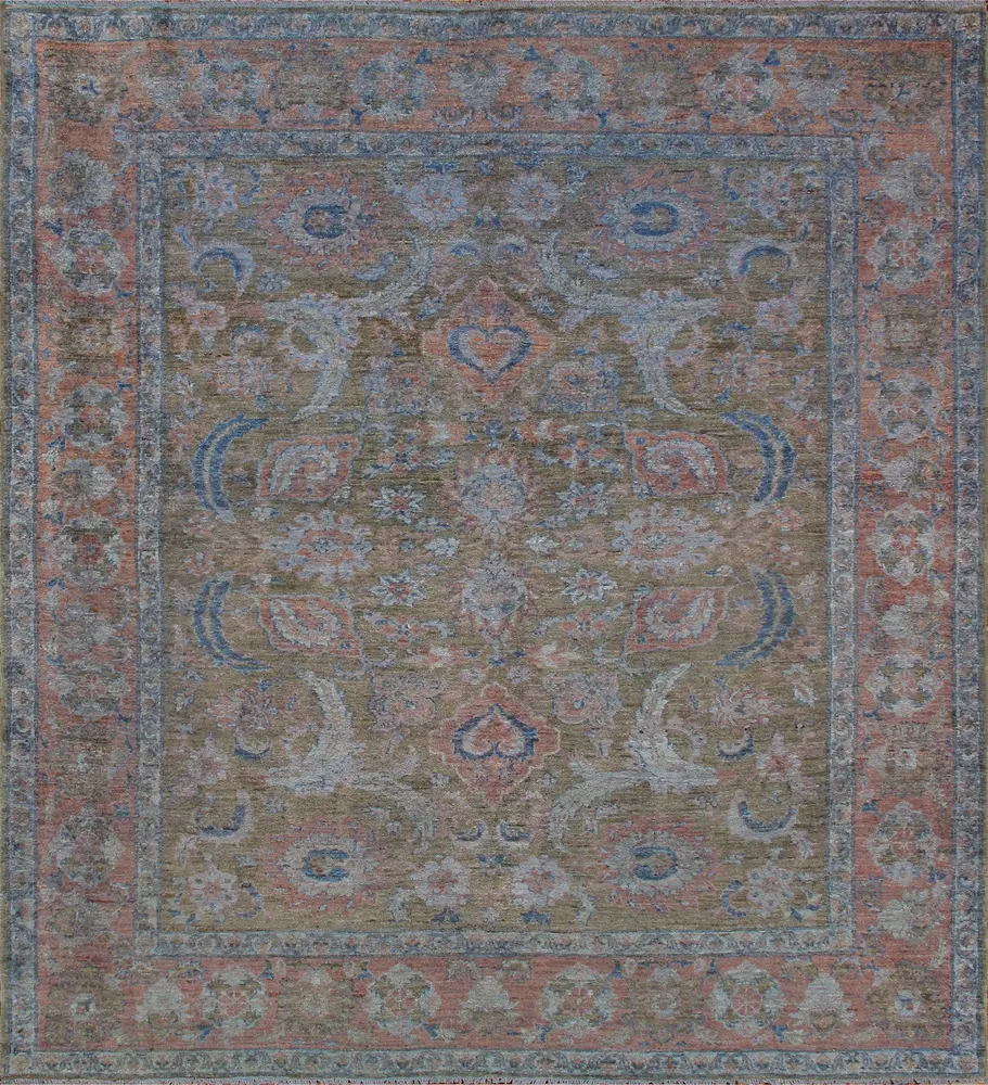 Pasargad Home Sultanabad Hand-Knotted Wool Olive Area Rug- 9' x 12'