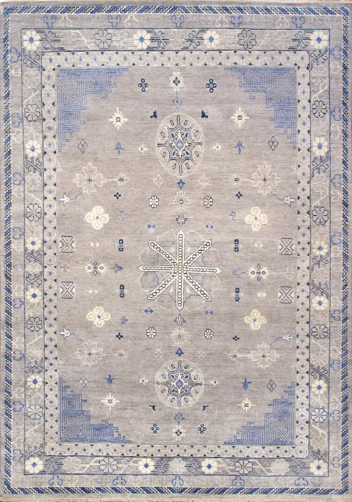 Pasargad Home Khotan Collection Hand-Knotted Silver Wool Area Rug- 9' 1'' X 12'11''