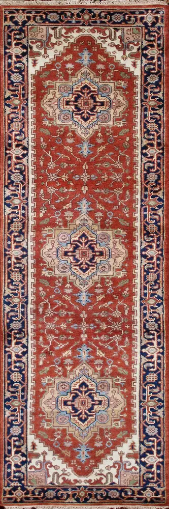 Pasargad Home Serapi Hand-Knotted Rust/Navy Wool Area Rug- 2' 7'' X 23' 7''