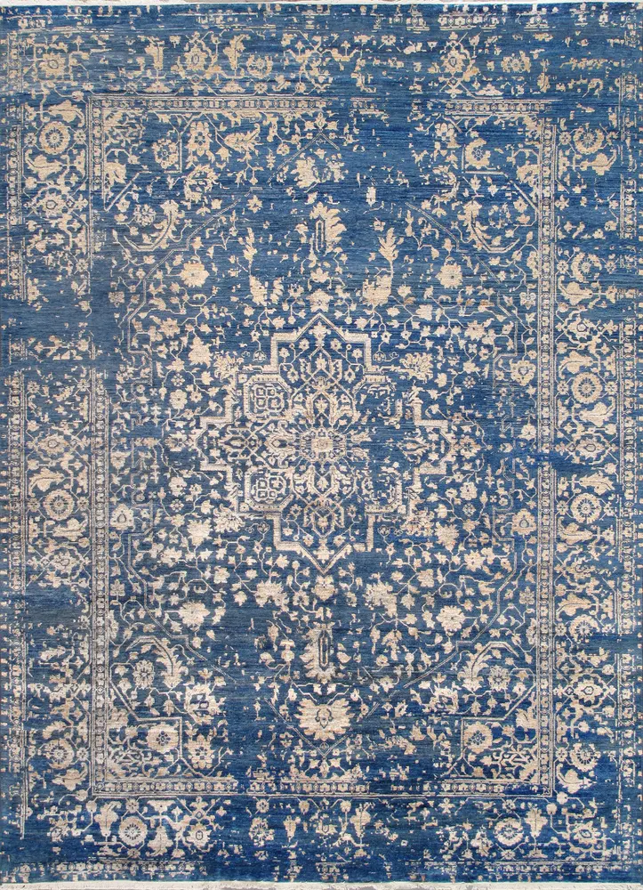 Pasargad Home Transitional Collection Hand-Knotted Blue Bsilk & Wool Area Rug- 9' 0