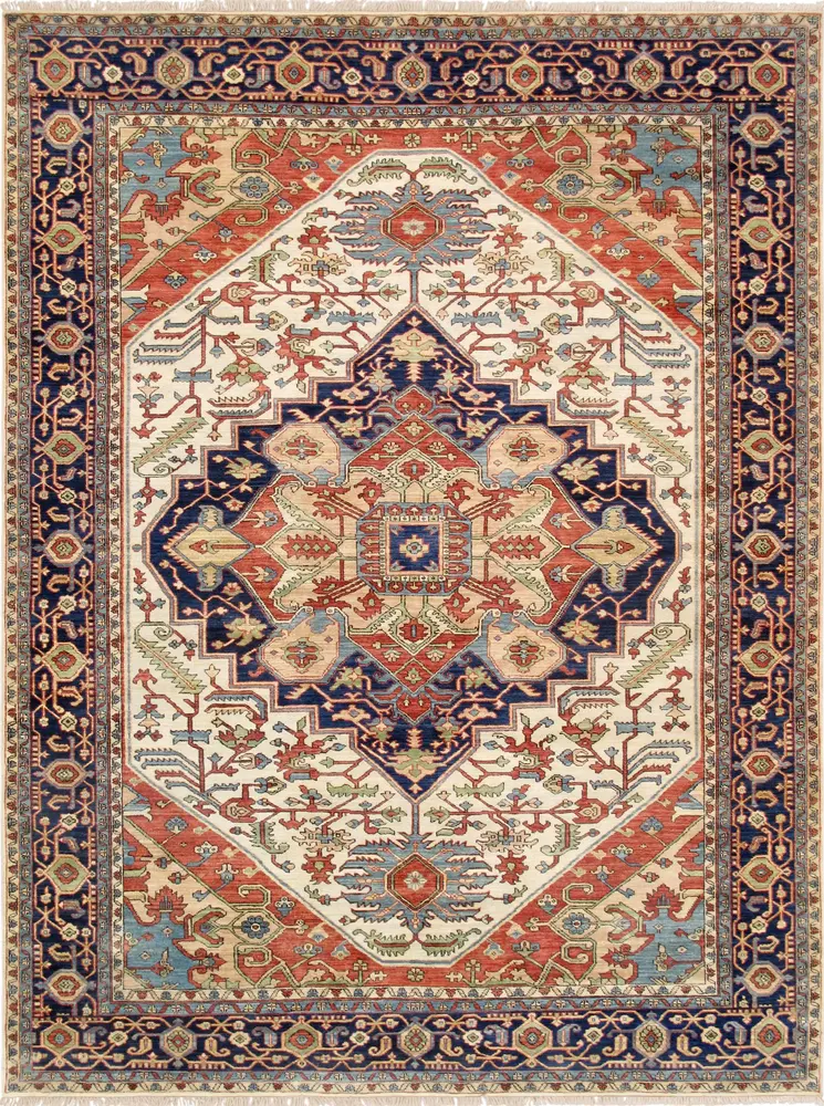 Pasargad Home Serapi Hand-Knotted Ivory/Navy 100% Wool Area Rug- 7'11'' X 8' 1''