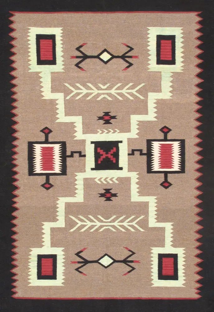 Pasargad Home Tuscany Collection Geometric 100% Wool Mocha/Black Area Rug- 6' 1'' X 8'10''