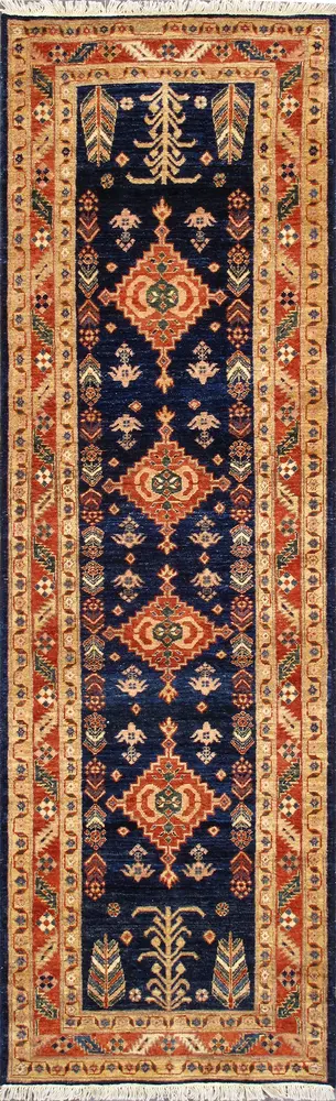 Pasargad Home Shirvan Hand-Knotted Navy Lamb's Wool Runner- 2' 8'' X 8' 7''