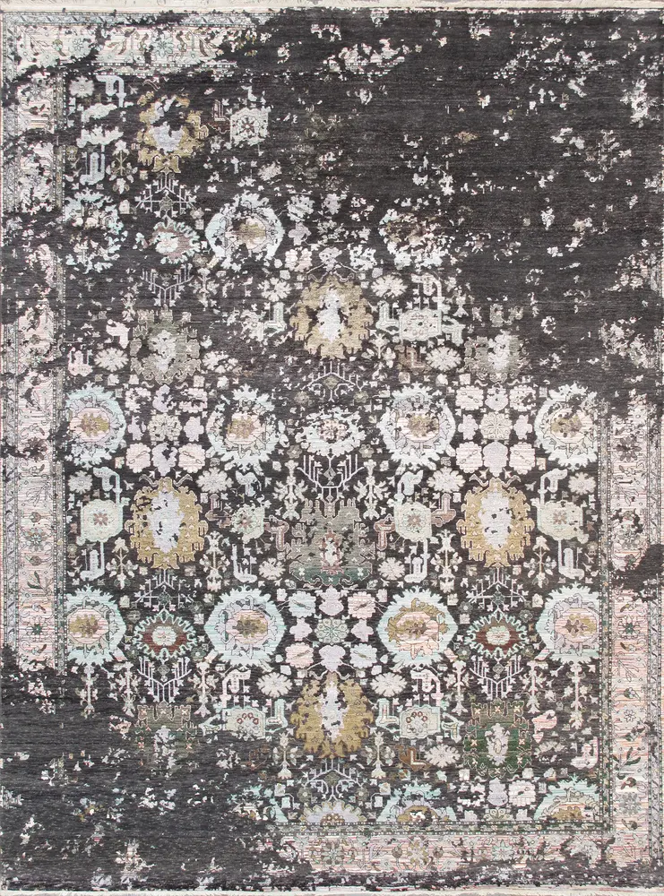 Pasargad Home Transitional Collection Hand-Knotted Charcoal Bsilk & Wool Area Rug- 9' 0