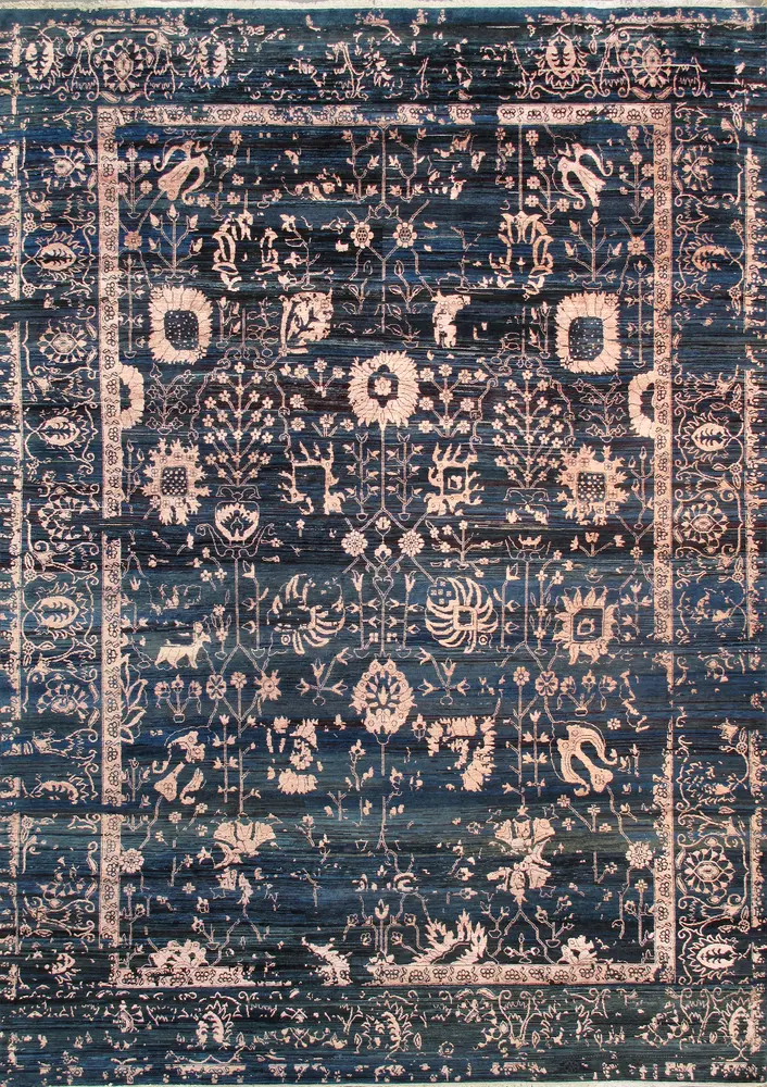 Pasargad Home Transitional Collection Hand-Knotted Blue Bsilk & Wool Area Rug-10' 0