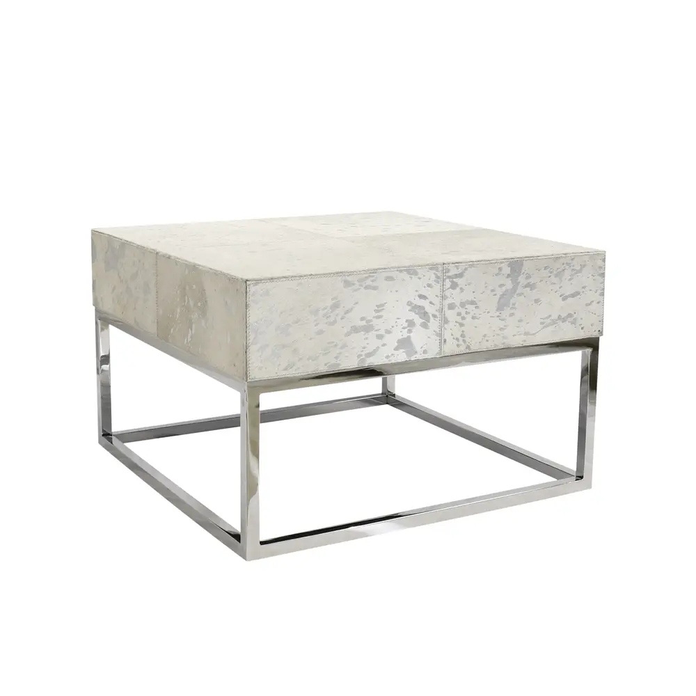 Pasargad Home Safari Collection Silver Foil Cowhide & Steel Coffee Table, Silver