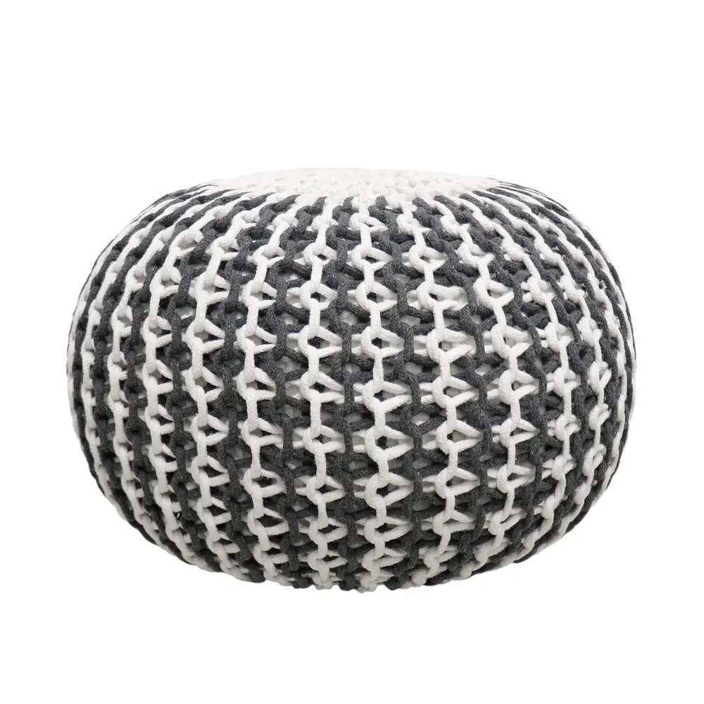 Pasargad Home Santorini Cotton Handmade Round Pouf, Ivory and Grey