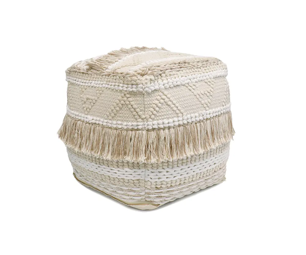 Pasargad Home Grandcanyon Cotton Braided with Tassel Pouf, Beige