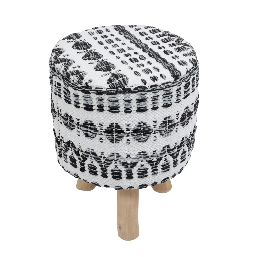 Pasargad Home Grandcanyon Cotton with Wooden Legs Pouf, White/Black