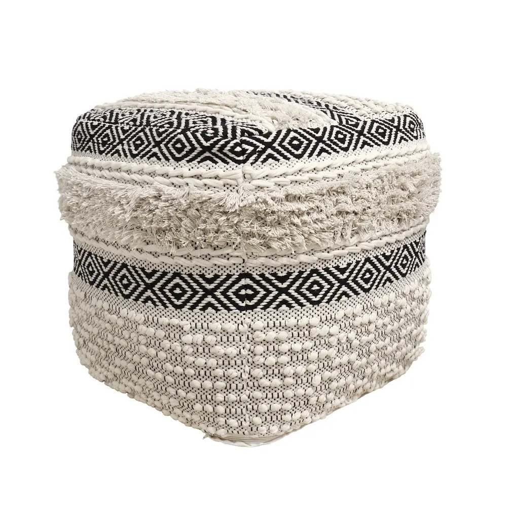 Pasargad Home Grandcanyon Cotton Pouf, Ivory/Black