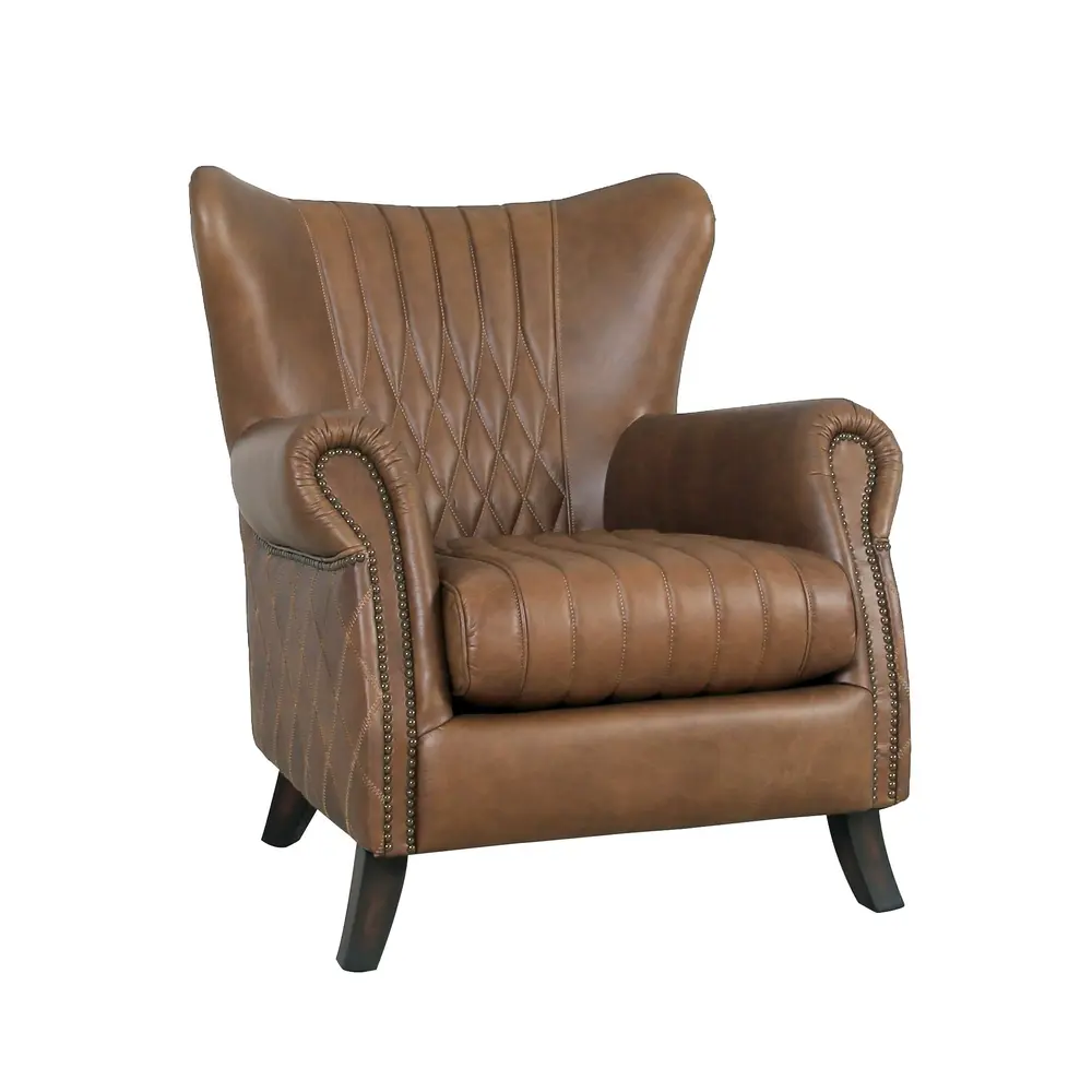 Pasargad Home Harrison Top Grain Leather Upholstered Wing Chair, Brown