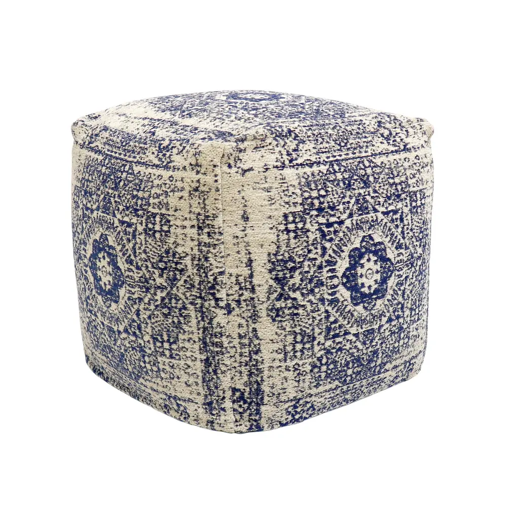 Pasargad Home Grandcanyon Distressed Cotton Pouf, Navy/Ivory
