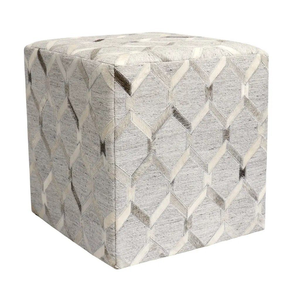 Pasargad Home Galaxy Geometric Cowhide Ottoman, Silver