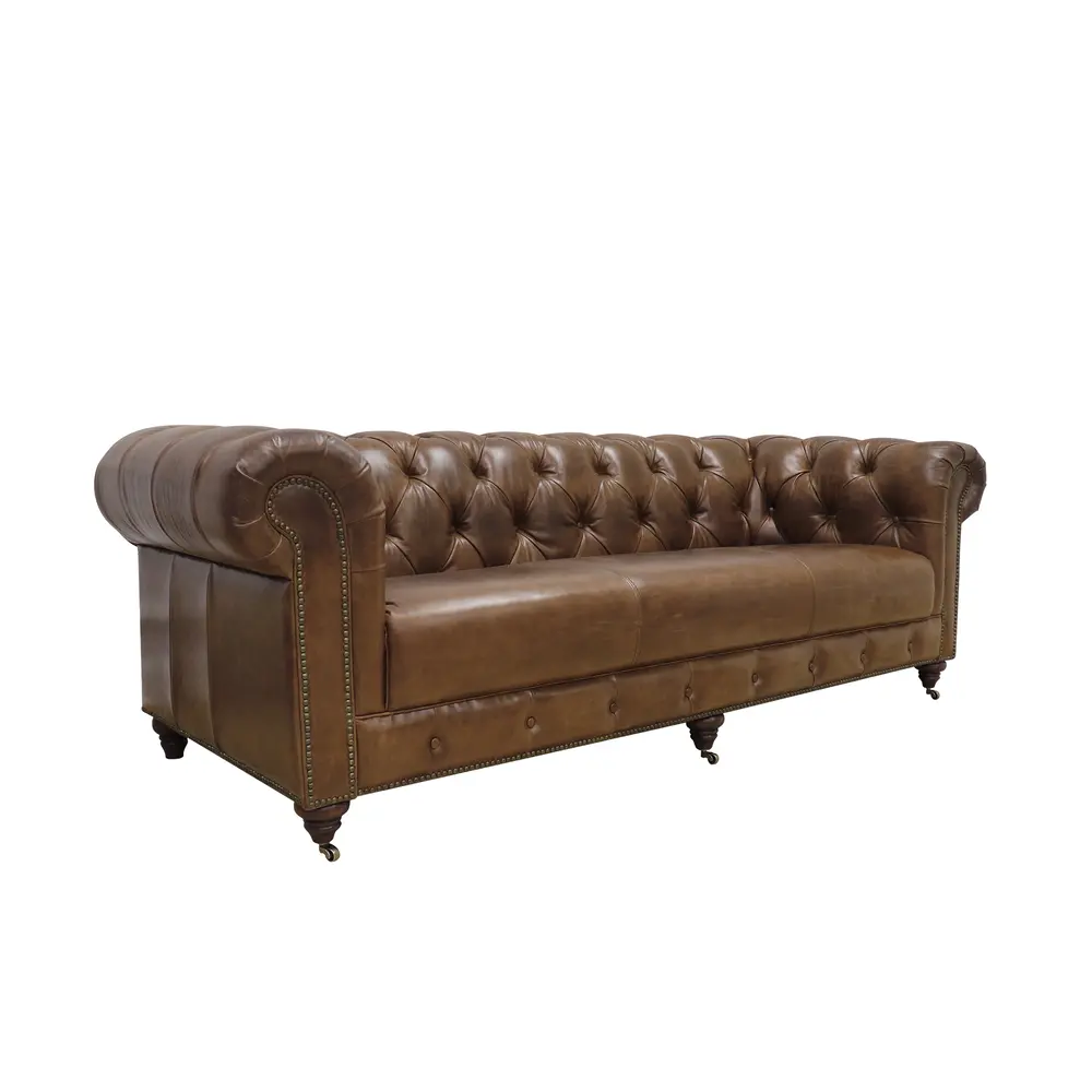 Pasargad Home Paris Club Genuine Leather Chester Bay Sofa, Brown