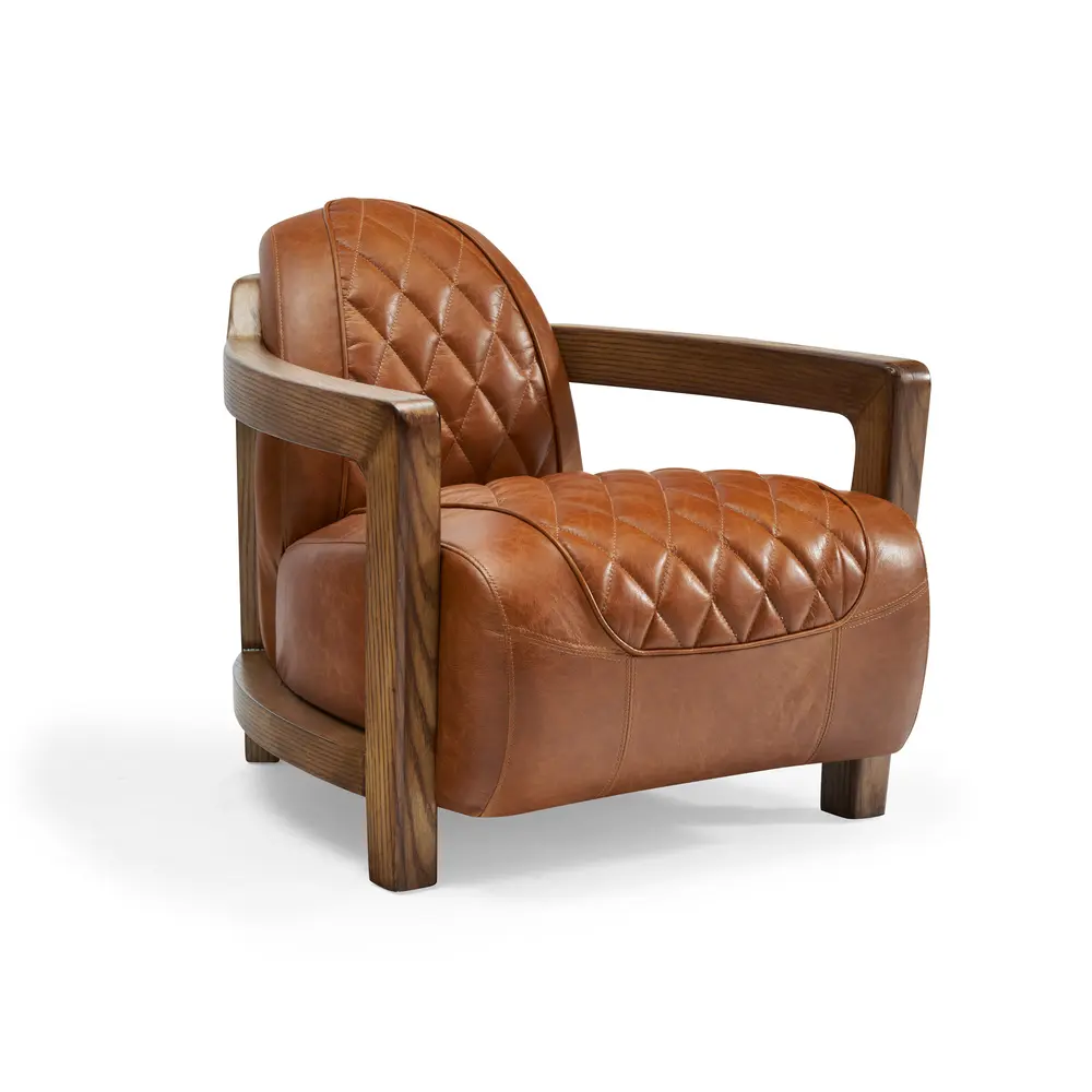 Pasargad Home Ethan Top-Grain Leather Lounge Chair with Solid Wood Armrests