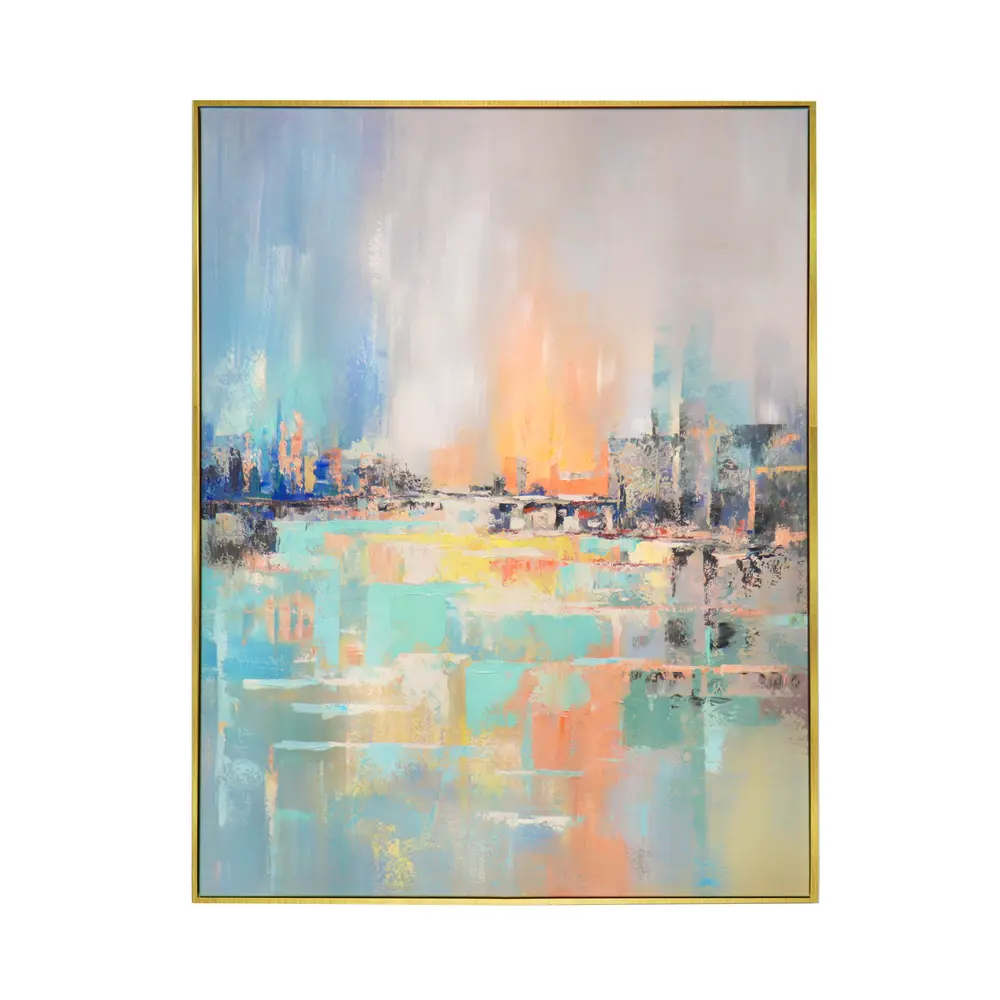 Pasargad Home Mirage Hand-Painted Blue & Multicolor Coastal Landscape Oil Painting on Canvas