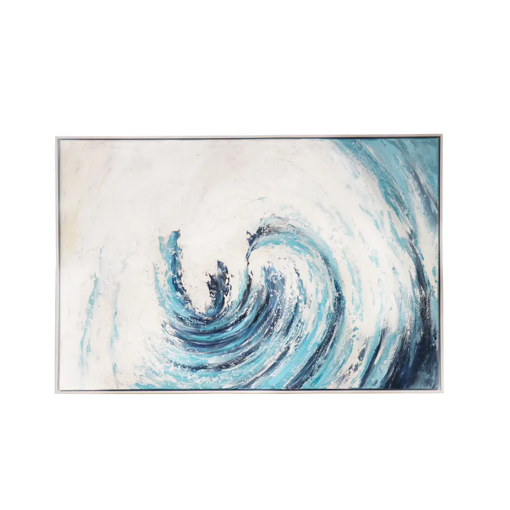 Pasargad Home Tidefall Hand-Painted Blue & White Coastal Wave Oil Painting on Canvas