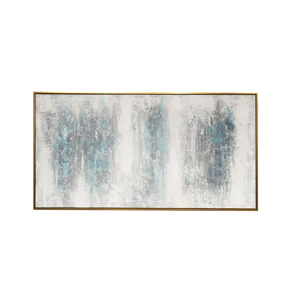 Pasargad Home Interval White/Blue Hand-Painted Abstract Oil Painting on Canvas with Gold Frame