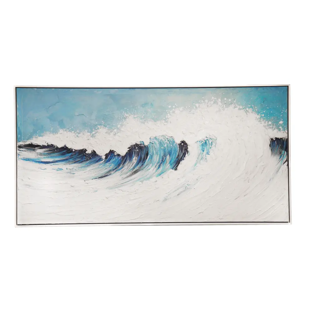 Pasargad Home Blue Rise Hand-Painted Ocean Wave Canvas Wall Art – Textured White and Blue Oil Painting