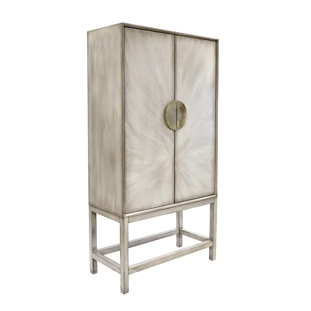 Pasargad Home Oliver Design Bar Cabinet with Shelf, Drawer, and Mirror - Grey/Gold