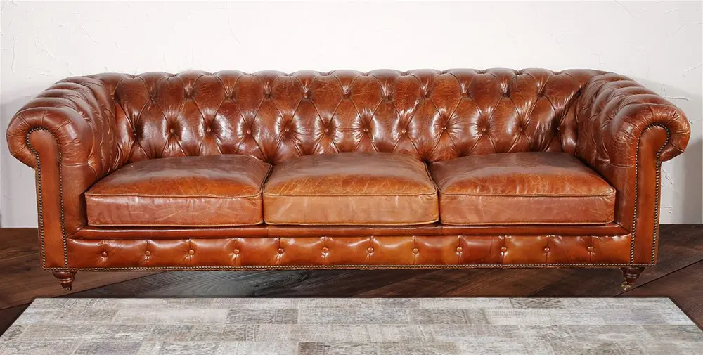 Pasargad Home Paris Club Top Grain Leather Chesterfield Tufted Sofa