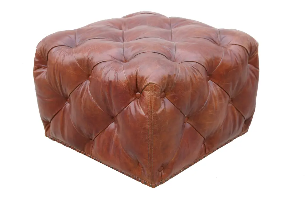 Pasargad Home Paris Club Genuine Leather Tufted Ottoman, Brown