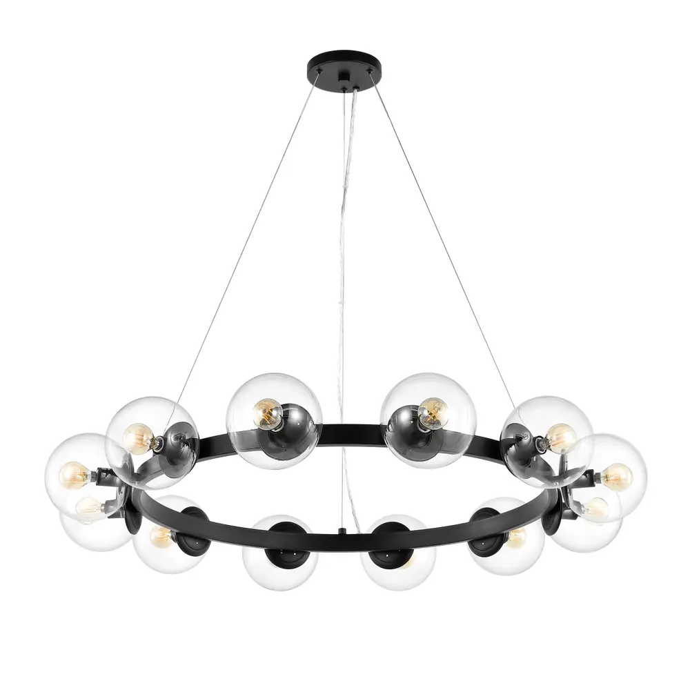 Rylian, 12 Light, 38 Inch, Black, Iron/Glass Chandelier