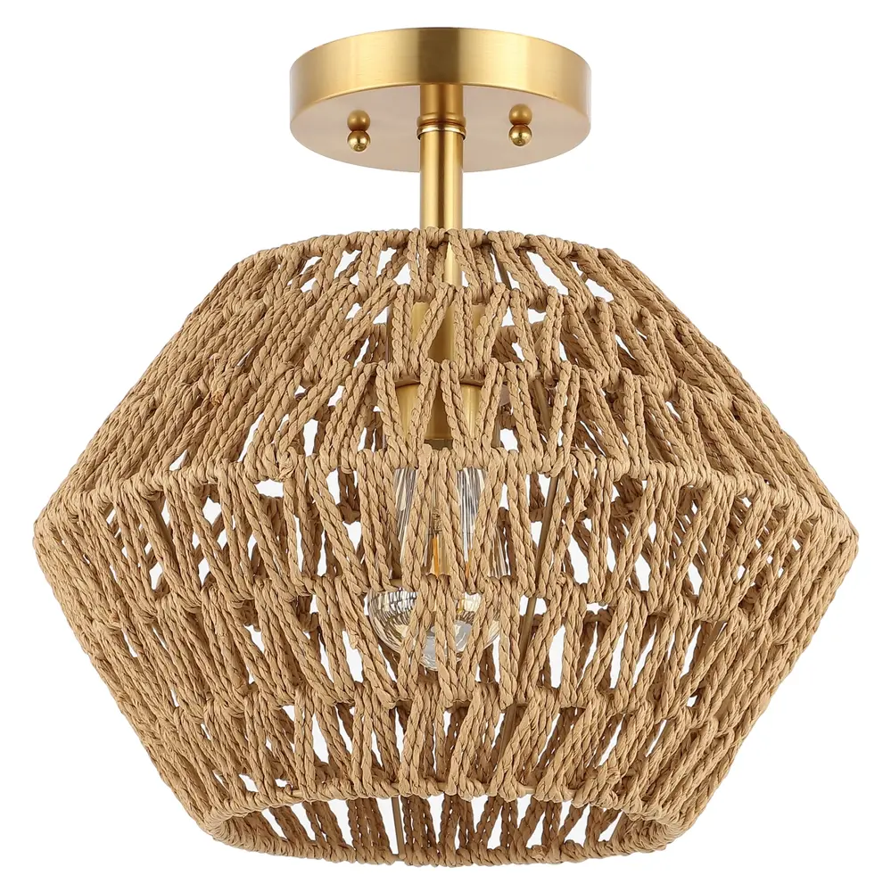 Raja, 13.5 Inch, Natural/Gold, Paper Rope/Iron Flush Mount