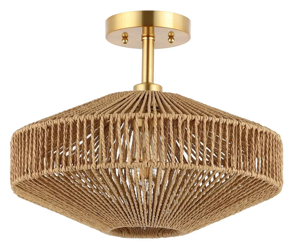 Janora, 15.75 Inch, Natural/Gold, Paper Rope/Iron Flush Mount