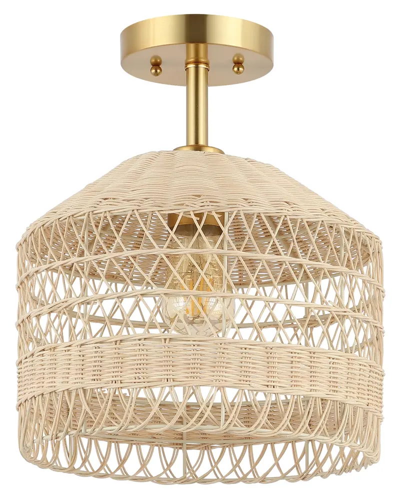 Noyuna, 12 Inch, Light Natural/Gold, Rattan/Iron Flush Mount