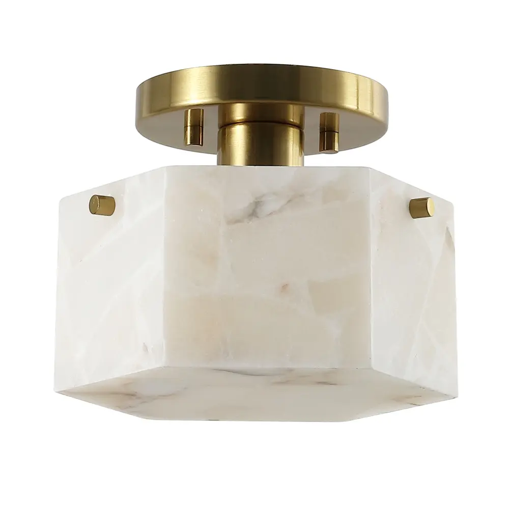 Kory, 8 Inch, White/Brass, Alabaster/Metal Semi-Flush Mount