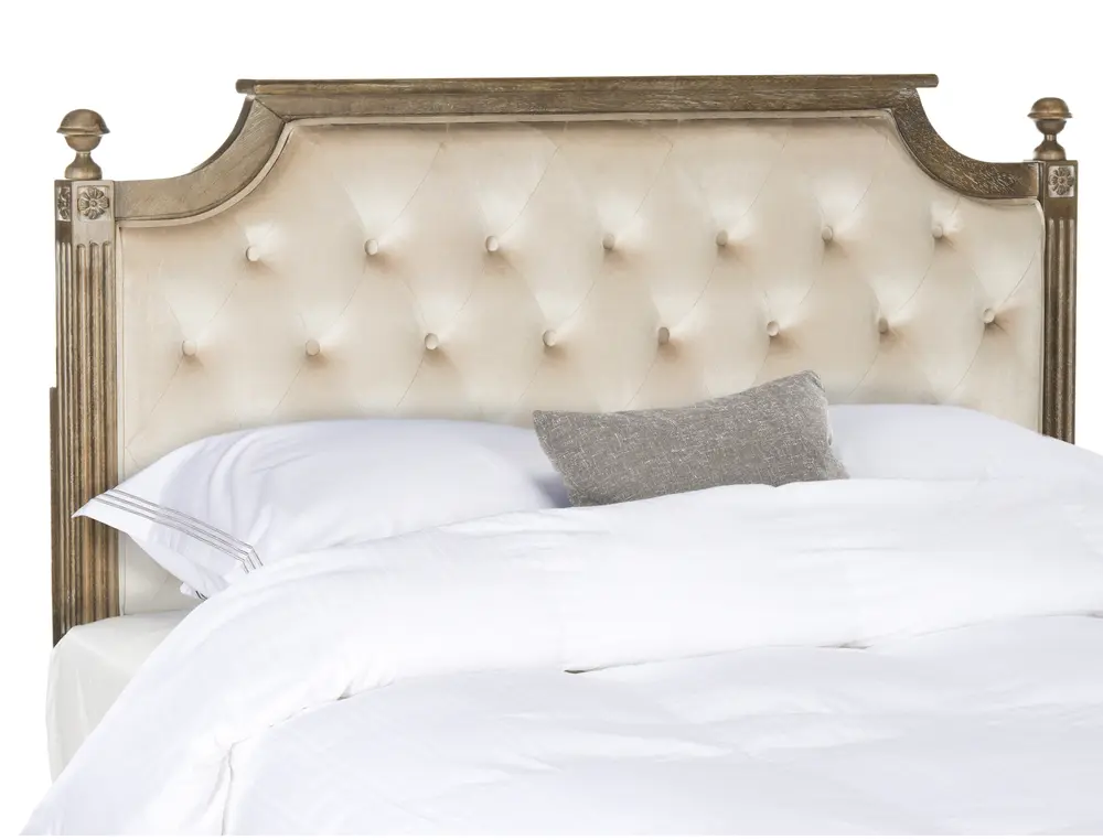 Rustic Wood Beige Tufted Velvet Queen Headboard