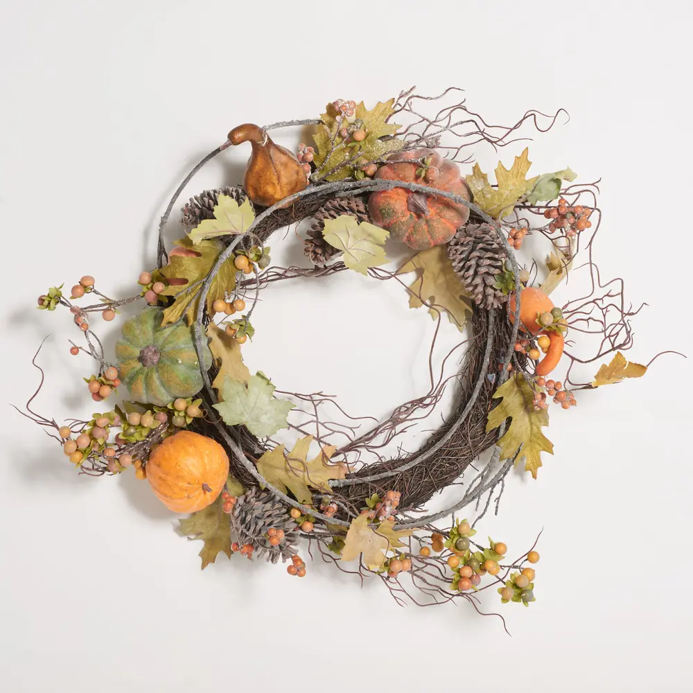 Faux 24 Inch Oak Leak Wreath W/ Pumpkins