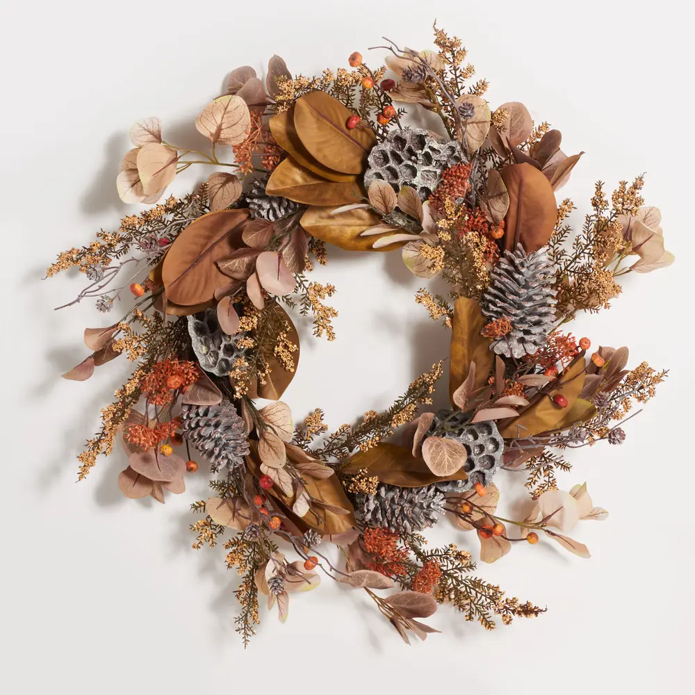 Faux 32 Inch Eucalyptus & Lotus Wreath W/ Pine Cones