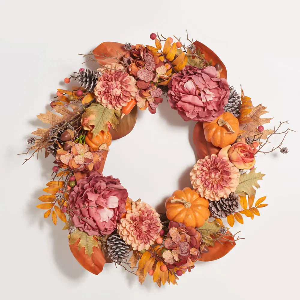 Faux 28 Inch Peony & Pumpkin Wreath W/ Pine Cones