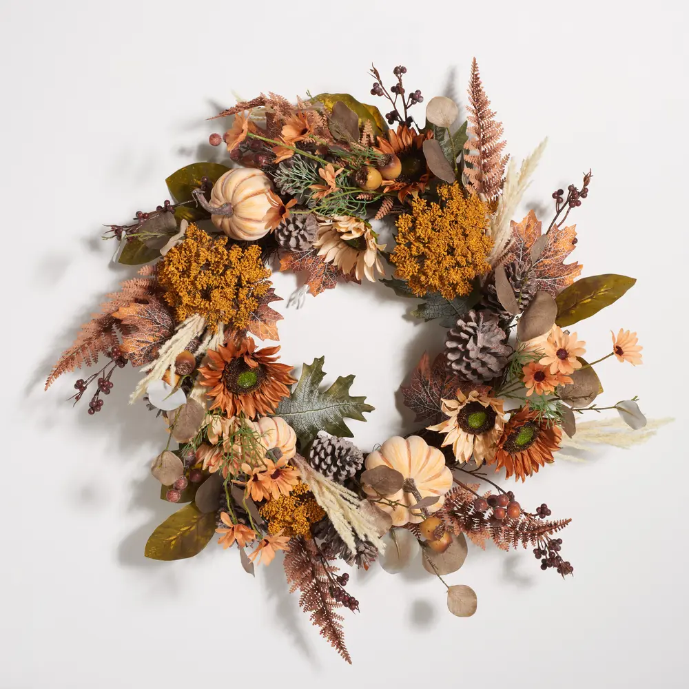 Faux 28 Inch Oak Leaf & Pumpkin Wreath W/ Pine Cones