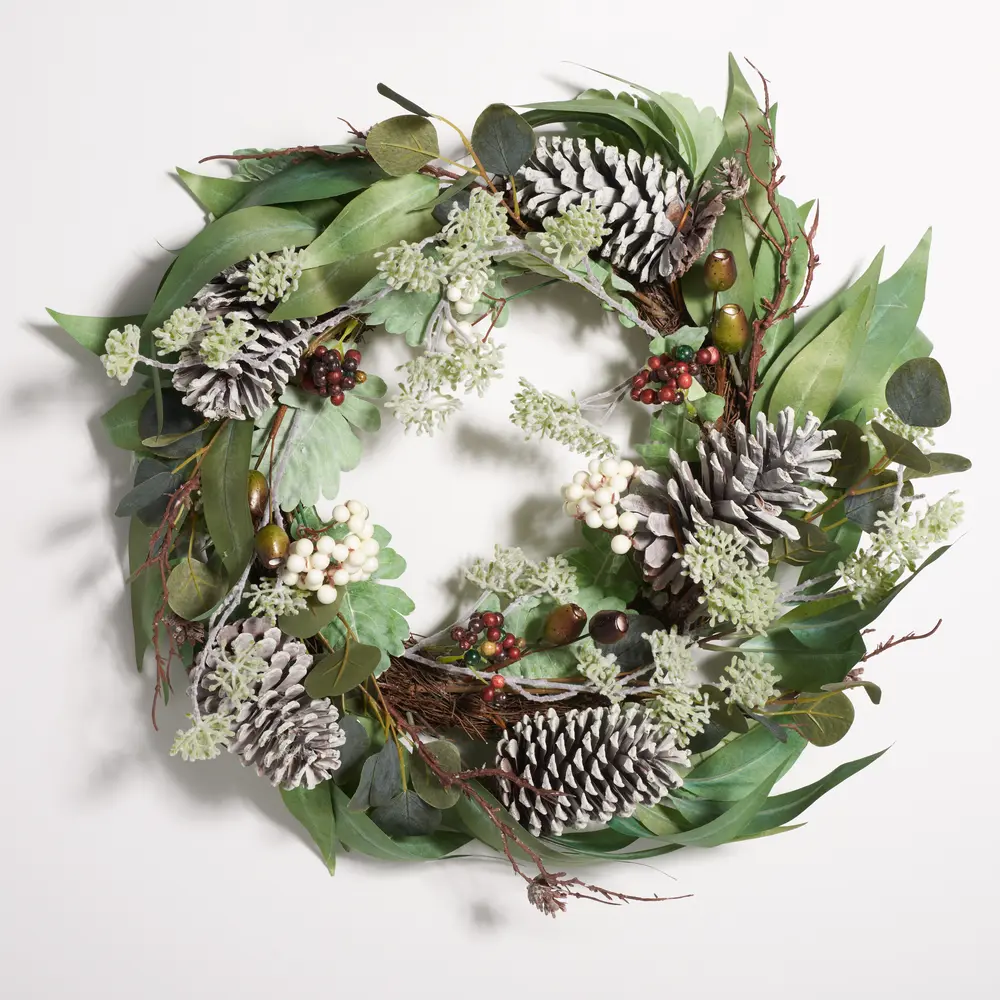 Faux 24 Inch Eucalyptus & Berries Wreath W/ Pine Cones
