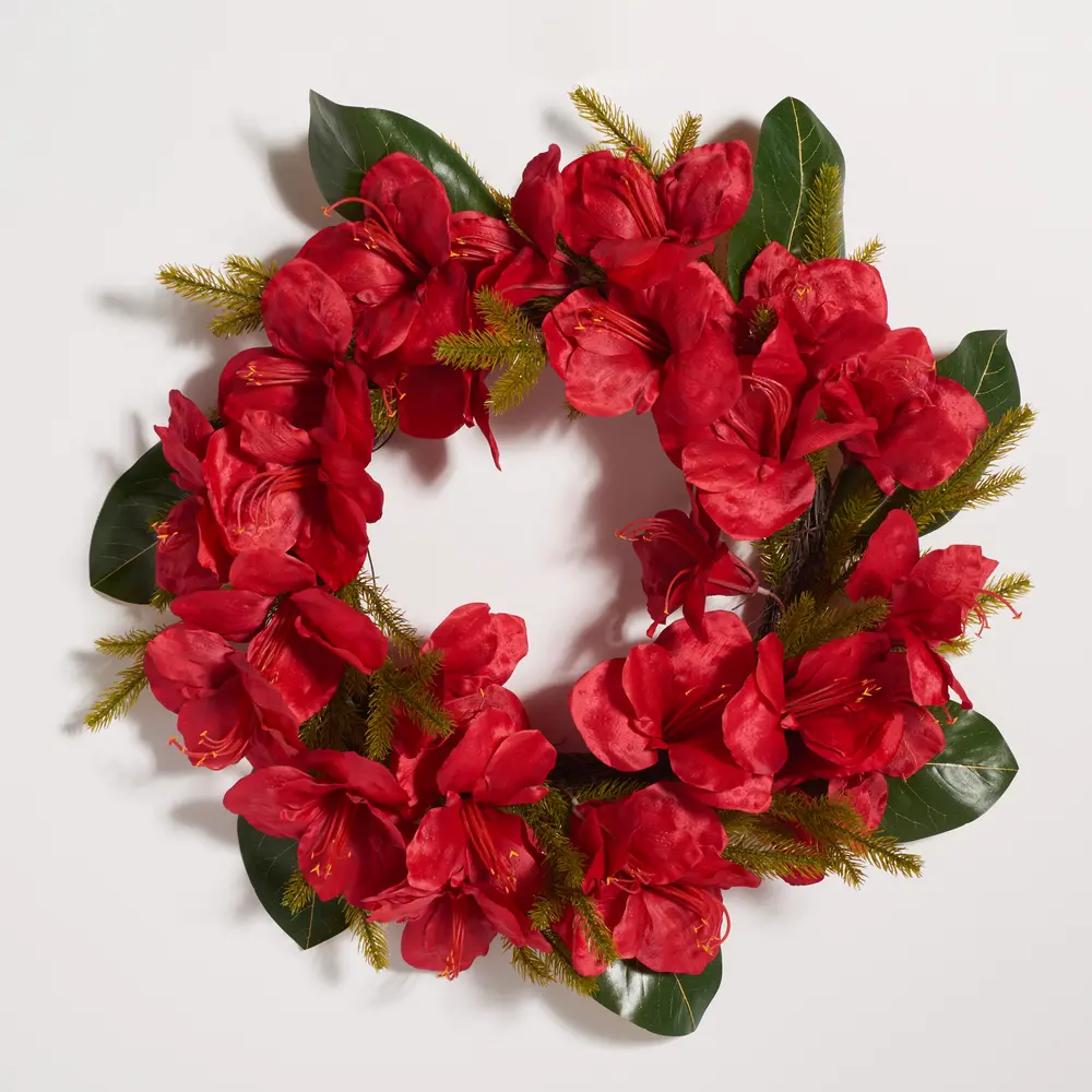 Faux 24 Inch Amaryllis & Magnolia Leaf Wreath