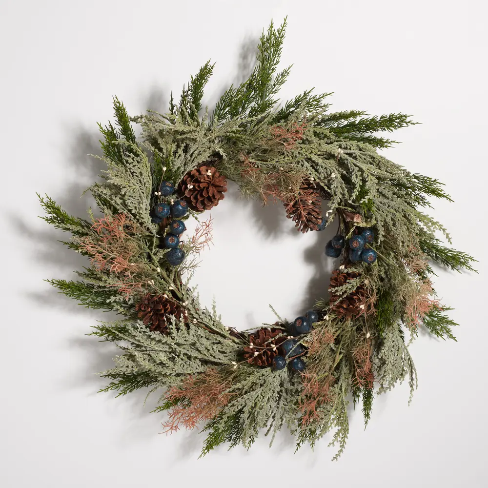 Faux 24 Inch Pine Wreath W/ Pine Cones & Blueberries
