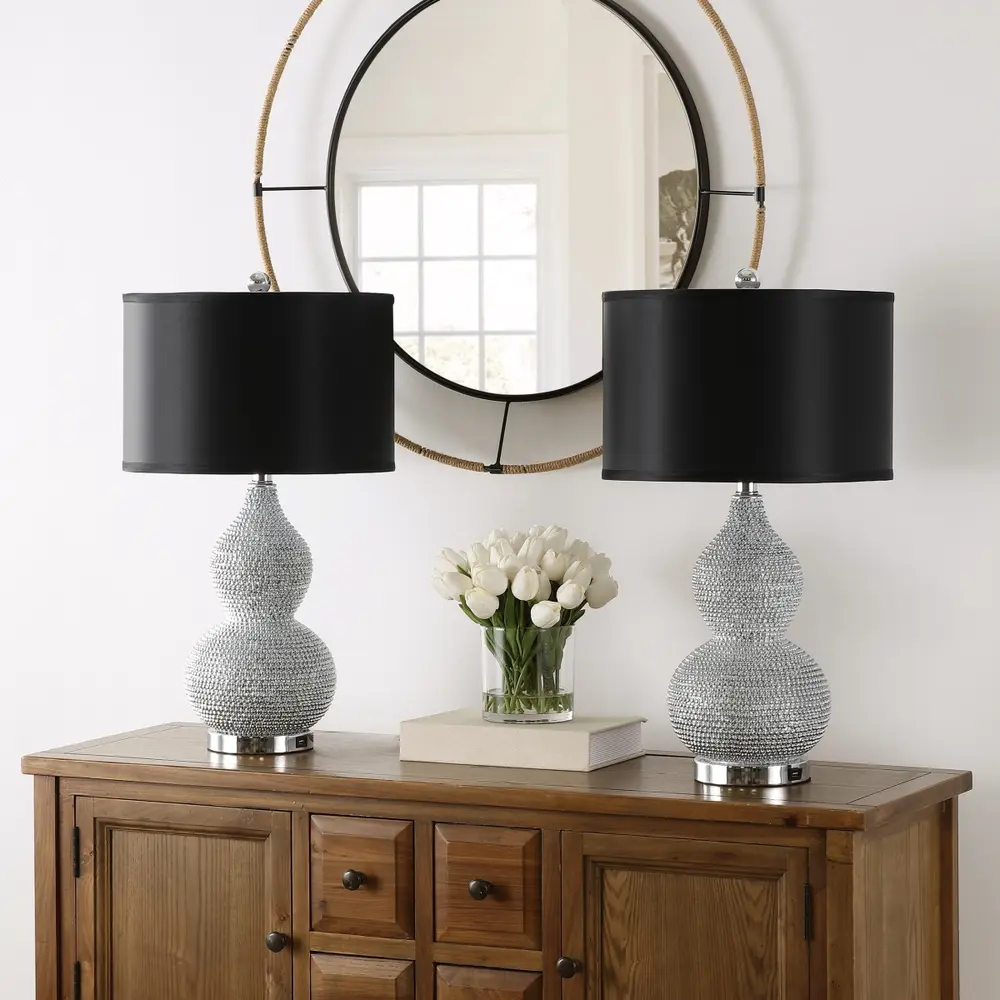 Nicole, 24.5 Inch, Silver, Resin/Iron Table Lamp Set Of 2 W/ Usb Port – Black Shades?