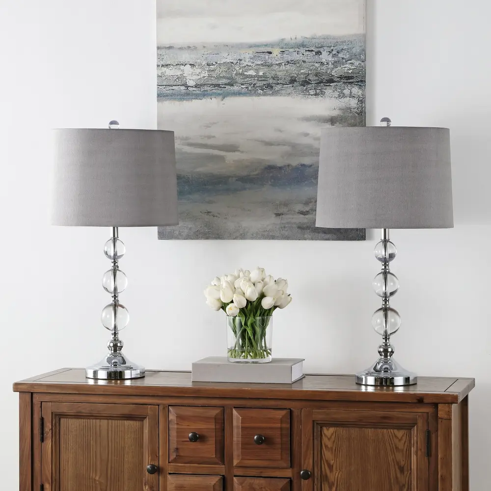 Keeva, 27 Inch, Clear/Chrome, Crystal/Iron Table Lamp Set Of 2 W/ Usb Port – Grey Shades?