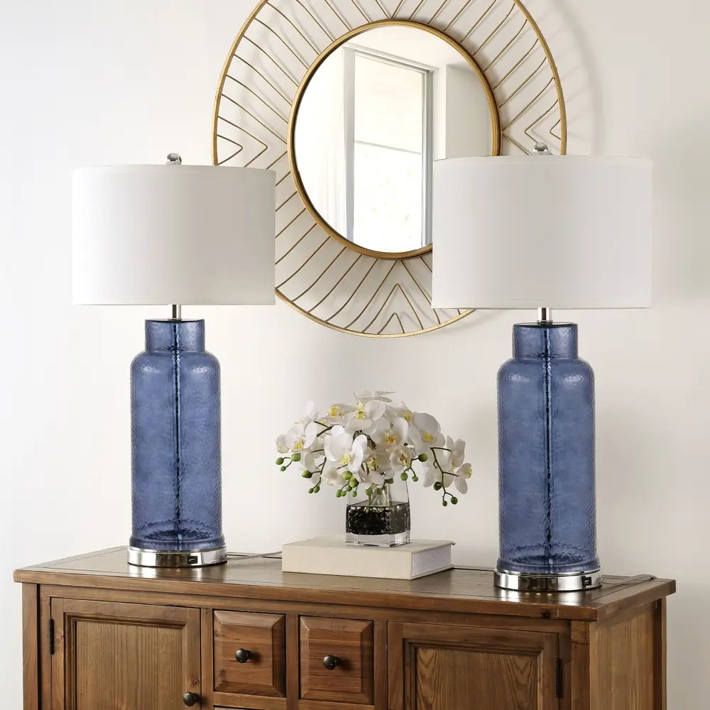 Bottle Glass, 30.5 Inch, Blue, Glass/Iron Table Lamp Set Of 2 W/ Usb Port